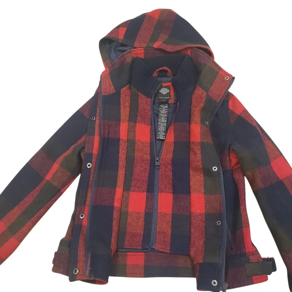 Harley-Davidson Women's Medium Wool Plaid‎ Hooded Jacket Red Double Zip